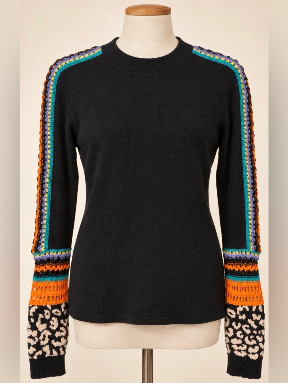 Free People Switch It Up Thermal Top | Black Crochet Sleeves | XL